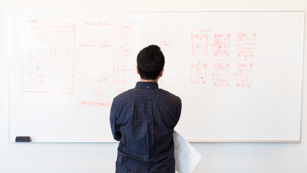 a person standing in front of a whiteboard
